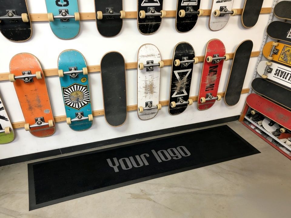 Branded assembly mat on skate shop counter
